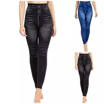 Женские облегающие повседневные спортивные штаны для йоги с эластичной резинкой на талии из имитации джинсовой ткани XL синий