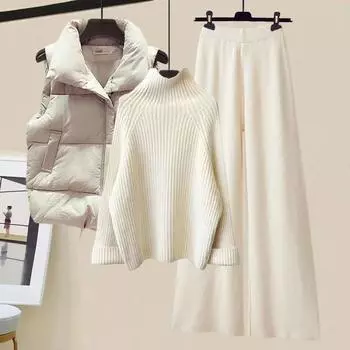 Женские облегающие расклешенные брюки, трехпредметный хлопковый утепленный жилет-пальто, свитер поло/с высоким воротом, зимняя одежда XXXXL