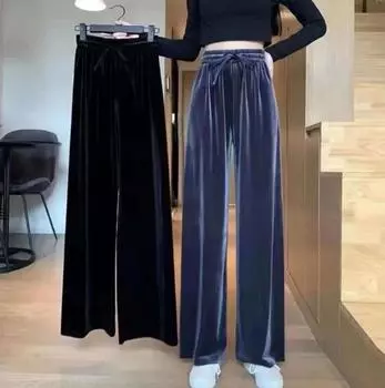 Женские облегающие широкие брюки из бархата - повседневная осенняя одежда с завязками One Size чёрный