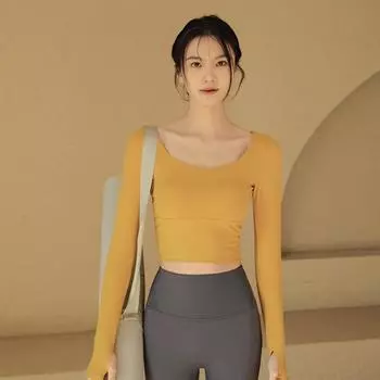 Женские облегающие топы для йоги с длинным рукавом и накладками на грудь для осени/зимы — идеально подходят для бега, пилатеса и фитнеса L