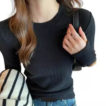 Женские облегающие топы с круглым вырезом и длинным рукавом, пуловеры, однотонные футболки с рубчатой текстурой S чёрный