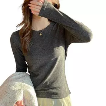 Женские облегающие топы с круглым вырезом и длинным рукавом, пуловеры, однотонные футболки с рубчатой текстурой S серый
