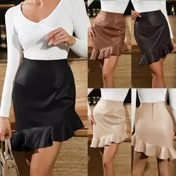 Женские облегающие юбки из искусственной кожи с высокой талией, офисные женские мини-юбки с повязками и оборками S чёрный