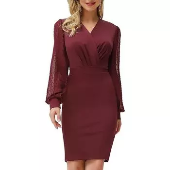 Женские обтягивающие элегантные платья с длинным рукавом и V-образным вырезом S бордовый