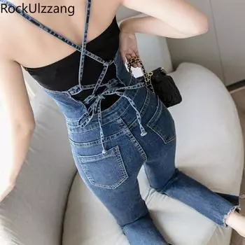Женские обтягивающие джинсовые брюки с открытой спиной и шнуровкой, высокой талией, узкие сексуальные джинсы-карандаш-клеш S синий
