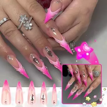 Женские очень длинные заостренные ногти, французские розово-красные градиентные ногти(Клей 2мл) One Size