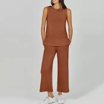 Женские одинаковые комплекты, однотонные майки с круглым вырезом, широкие брюки, комплект из 2 предметов, летние женские свободные карманы L кофейный