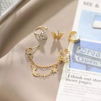 Женские одинаковые темпераментные серьги в стиле ретро, цепочка-бабочка, серьги-клипсы с кисточками, асимметричные серьги со стразами золотой