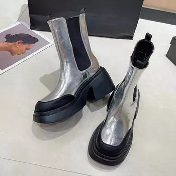 Женские одинарные ботинки в британском стиле на весну и осень 2024 года, новые короткие ботинки с увеличенной толстой подошвой и воротником-стойкой 35 чёрный