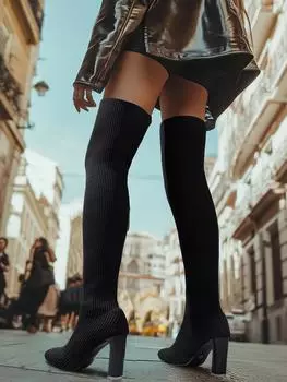 Женские одинарные сапоги весна и осень новые вязаные выше колена модные сапоги удобные сапоги из эластичной ткани для повышения темперамента 36 чёрный