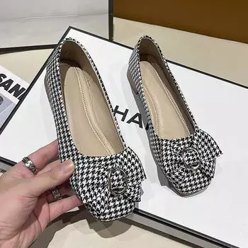 Женские одинарные туфли 2024 года, новые повседневные шапочки с мелким узором в клетку и бантом на одной педали 35 чёрный