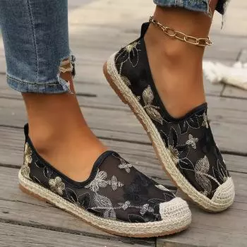 Женские одинарные туфли большого размера, новинка лета 2024 года, женские туфли в рыбацком стиле на плоской подошве с кружевной сеткой, женские туфли на плоской подошве 36 чёрный