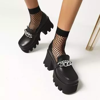 Женские одинарные туфли и новые туфли в стиле ретро с темной ветровой цепочкой, маленькие кожаные туфли на толстом каблуке в стиле ретро, модные одиночные туфли с квадратной головкой в Instagram 36 чёрный