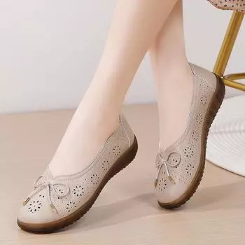 Женские одинарные туфли из воловьей кожи с мягкой подошвой, летние туфли для отдыха на плоской подошве 35 бежевый