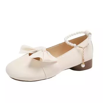 Женские одинарные туфли Летние новые туфли Мэри Джейн на среднем каблуке с бантом и круглой головкой Модные удобные туфли Лолита, увеличивающие рост 35