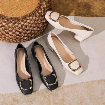 Женские одинарные туфли на мягкой подошве, зимняя новинка 2024 года, универсальные рабочие туфли Doudou с неглубоким носком, женские туфли на среднем толстом каблуке, маленькие кожаные туфли 34 чёрный