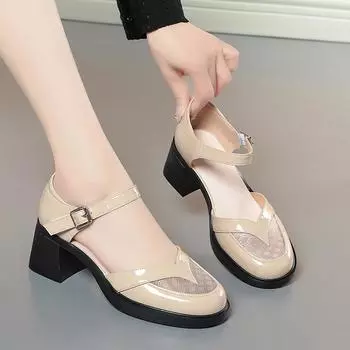 Женские одинарные туфли Новые полые туфли на толстом каблуке Летние женские туфли Сандалии с сетчатой головкой 35 бежевый