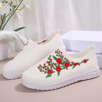 Женские одинарные туфли, осенние, новые, с круглым носком, глубоким вырезом, сетчатая ткань, дышащая, вышитая, мягкая подошва, нескользящая ткань 36 чёрный