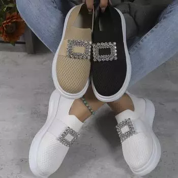 Женские одиночные туфли с сетчатой поверхностью, повседневная женская обувь с неглубоким горлышком, круглой головкой и стразами, на толстой подошве на одну ногу 36 чёрный