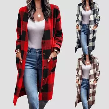 Женские однобортные однобортные повседневные пальто в клетку с длинными рукавами, куртки