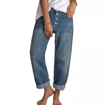Женские однобортные прямые джинсы, свободные универсальные базовые джинсовые брюки, женские повседневные повседневные синие брюки с высокой талией XS синий