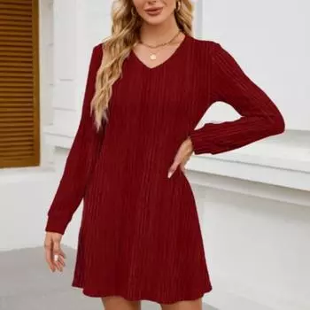 Женские однотонные эластичные трикотажные платья с V-образным вырезом, карманами, канавками, полосками, повседневными длинными рукавами M чёрный