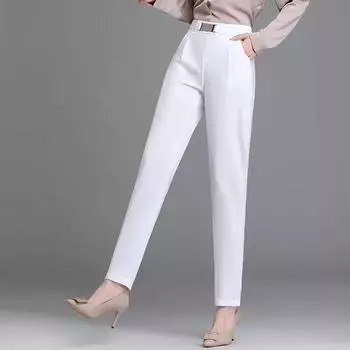 Женские однотонные элегантные брюки длиной до щиколотки Офисные женские летние брюки Однотонные эластичные повседневные брюки с высокой талией Брюки для мам среднего возраста Свободные прямые брюки XXXXL белый