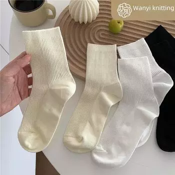 «Женские однотонные белые носки средней длины — модный японский стиль для осени и зимы» One Size белый