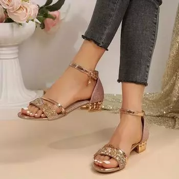 Женские однотонные блестящие сандалии на среднем каблуке на плоской подошве 39 чёрный