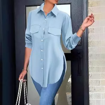 Женские однотонные блузки с длинными рукавами и лацканами асимметричного дизайна 4XL чёрный