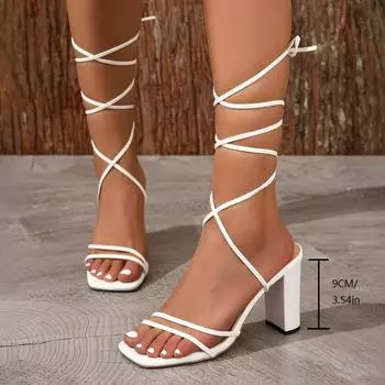Женские однотонные босоножки на каблуке, сексуальные сандалии на шнуровке с квадратным носком, модные летние сандалии 35 белый