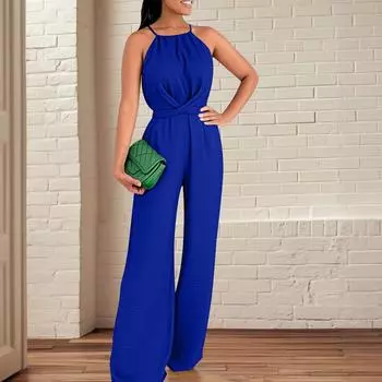 Женские однотонные брюки без рукавов облегающий комбинезон L синий