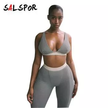 Женские однотонные брюки-бретельки с v-образным вырезом, спортивный костюм из двух предметов для йоги