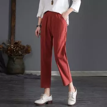 Женские однотонные брюки до щиколотки с эластичной резинкой на талии, весенне-летние хлопковые льняные женские брюки с карманами M чёрный