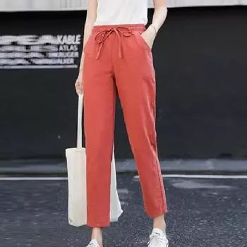 Женские однотонные брюки до щиколотки с эластичной резинкой на талии, весенне-летние женские брюки с карманами из чистого хлопка S хаки