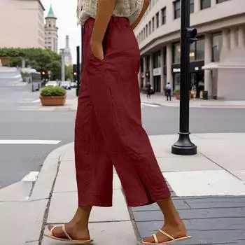 Женские однотонные брюки кэжуал с эластичной талией, свободные льняные укороченные брюки с карманами XXXL винный
