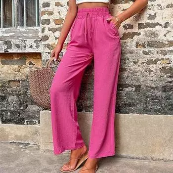 Женские однотонные брюки на пуговицах, эластичные тонкие длинные брюки с высокой талией и карманами, дышащие повседневные свободные брюки, пляжные брюки для работы и отдыха S чёрный