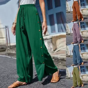 Женские однотонные брюки с эластичным поясом и пуговицами, широкие брюки с высокой талией S синий