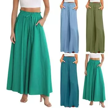Женские однотонные брюки с эластичным поясом, широкие брюки с высокой талией, длинные брюки-кюлоты