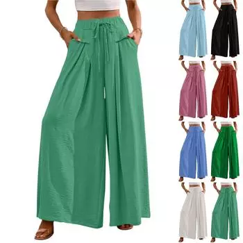 Женские однотонные брюки с эластичным поясом, широкие брюки с высокой талией и карманами, длинные кюлоты XL синий