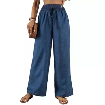 Женские однотонные брюки с плиссировкой на талии, кулиской, свободные, с широкими прямыми штанинами L синий
