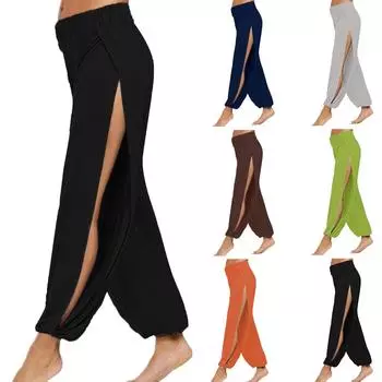 Женские однотонные брюки с разрезом и высокой эластичностью для занятий бегом, йогой и отдыхом XXL зелёный