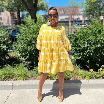 Женские однотонные длинные платья больших размеров с круглым вырезом 3/4 и длинными рукавами в горошек M жёлтый