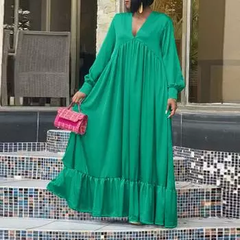 Женские однотонные длинные повседневные платья большого размера с V-образным вырезом и длинными рукавами M оранжевый