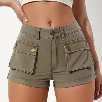 Женские однотонные джинсы Stretch Slim Fit Casual Fashion Denim Shorts L хаки