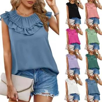 Женские однотонные футболки без рукавов, повседневные свободные плиссированные майки S белый