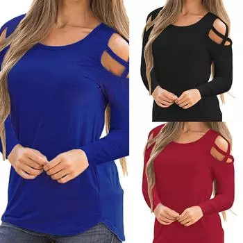 Женские однотонные футболки с длинными рукавами и открытыми плечами, топы, блузки 2XL красный