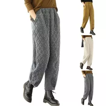 Женские однотонные хлопковые брюки с высокой талией, зимние, с хлопковой подкладкой и плотным хлопковым льном, повседневные закрытые брюки, большие размеры, свободные шаровары L