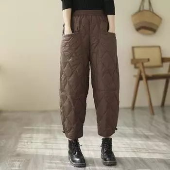 Женские однотонные хлопковые брюки в ромбовидную сетку с эластичным поясом, шаровары в стиле ретро, ветрозащитные, утолщенные, теплые, свободные, повседневные зимние брюки M белый