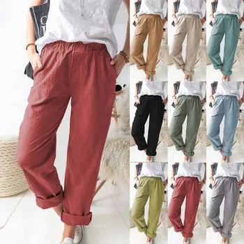 Женские однотонные хлопковые льняные повседневные прямые брюки с эластичной резинкой на талии, длинные брюки L
